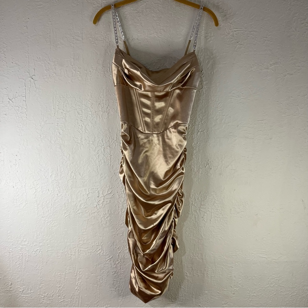 Oh Polly Embellish The Moment Ruched Satin Metallic Knee Length Dress in Gold - Picture 3 of 14